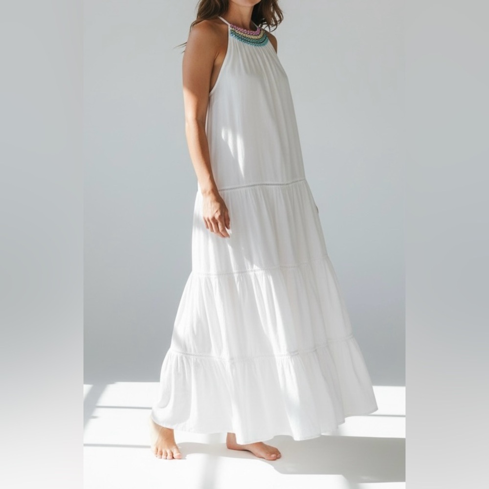 J. Crew Tiered Halter Dress with Rainbow Embroidery Women Small Runs Wide